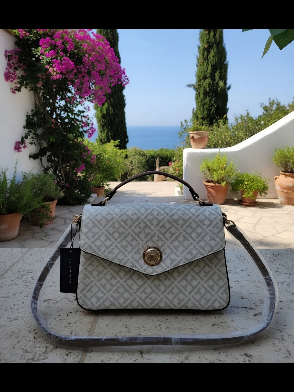 Tommy Hilfiger Cream Logo Satchel with Gold-Tone Medallion